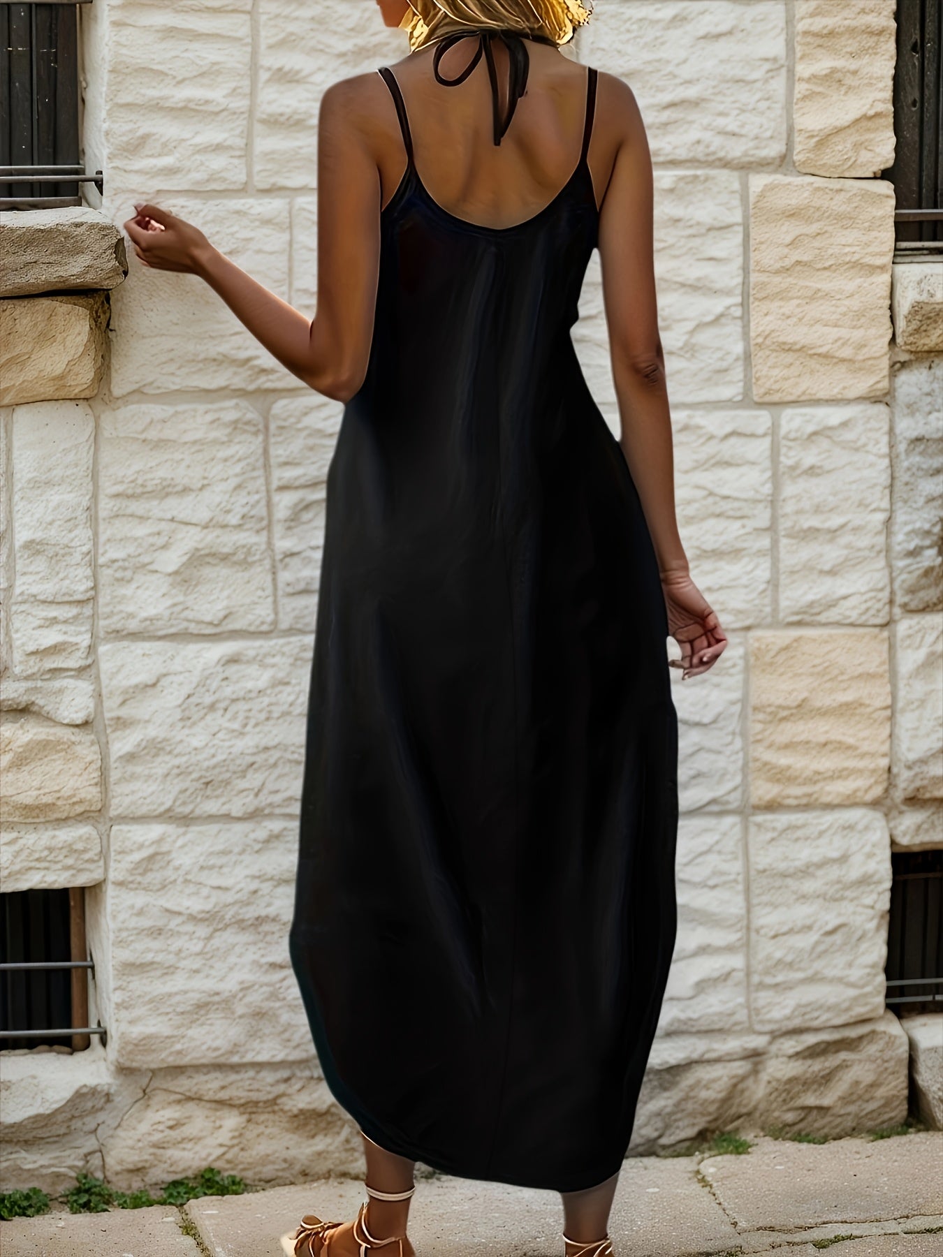 Effortless Black Maxi Dress for Women with V Neck Sleeveless Cocoon Curved Hem Bohemian Style