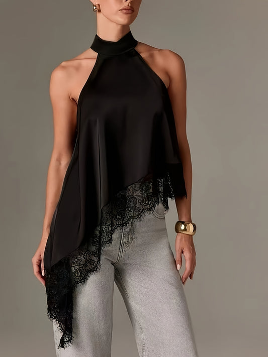 Elegant Satin Blouse for Women with Halter Neck Sleeveless Lace Trim Asymmetric Style
