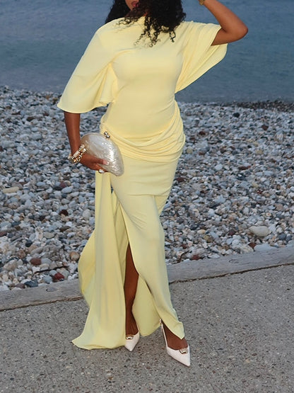 Elegant Yellow Maxi Dress for Women with High Neck Backless Batwing Sleeve Ruched Side Slit Formal Style