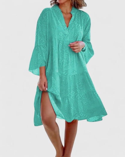 Effortless Printed Kaftan Midi Dress for Women with V Neck Bell Sleeve Tiered Side Slit Bohemian Style