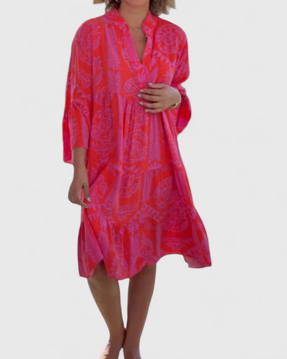 Effortless Printed Kaftan Midi Dress for Women with V Neck Bell Sleeve Tiered Side Slit Bohemian Style