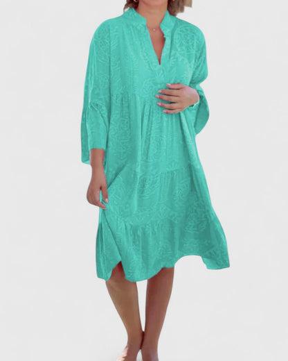 Effortless Printed Kaftan Midi Dress for Women with V Neck Bell Sleeve Tiered Side Slit Bohemian Style
