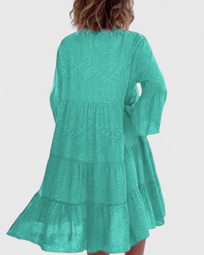 Effortless Printed Kaftan Midi Dress for Women with V Neck Bell Sleeve Tiered Side Slit Bohemian Style