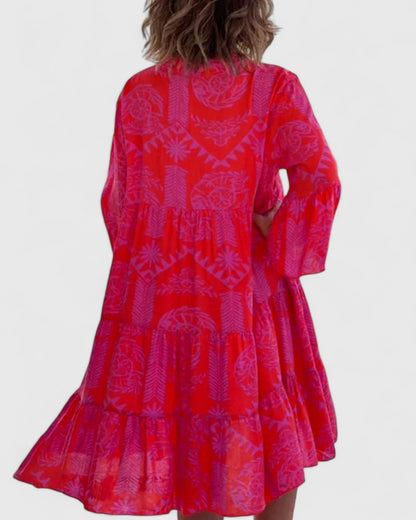 Effortless Printed Kaftan Midi Dress for Women with V Neck Bell Sleeve Tiered Side Slit Bohemian Style