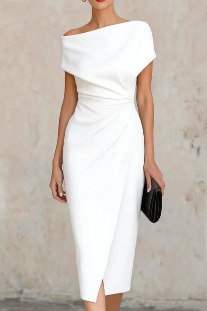 Elegant Draped Midi Sheath Dress for Women with Off Shoulder Cap Sleeve Ruched Wrap Cocktail Style