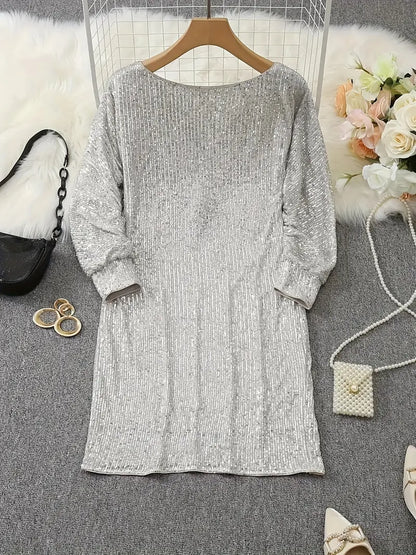Elegant Sequin Mini Dress for Women with Off Shoulder Long Sleeve Bodycon Sparkle Formal Party Style