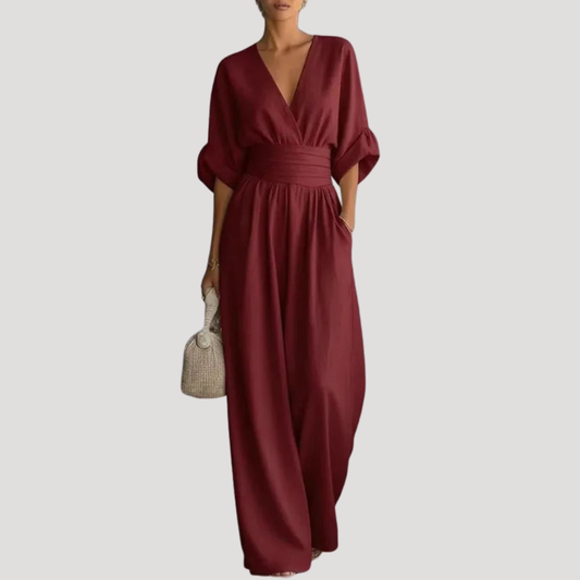 Effortless Wide Leg Jumpsuit for Women with V Neck Bell Sleeve Belted Waist Relaxed Style
