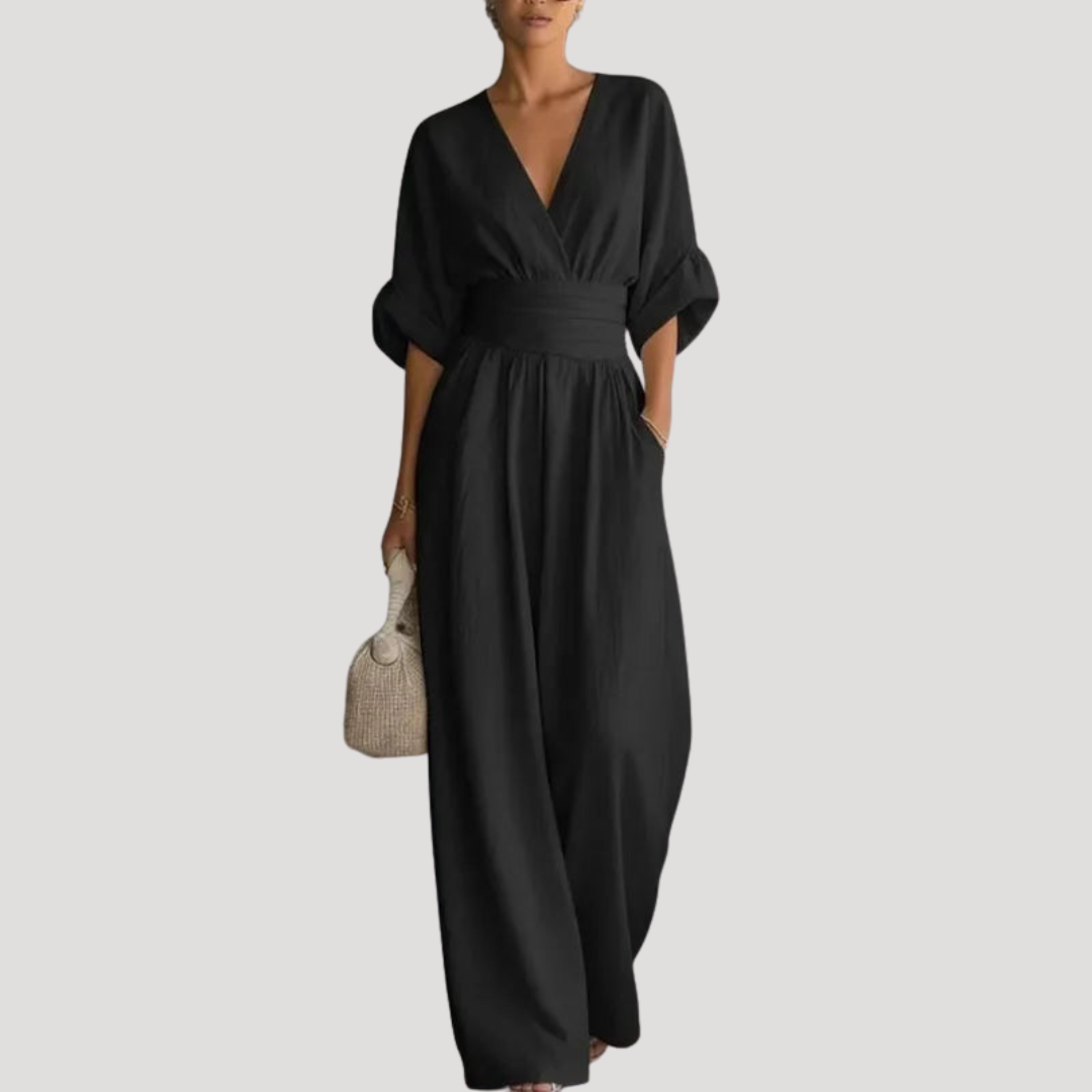 Effortless Wide Leg Jumpsuit for Women with V Neck Bell Sleeve Belted Waist Relaxed Style