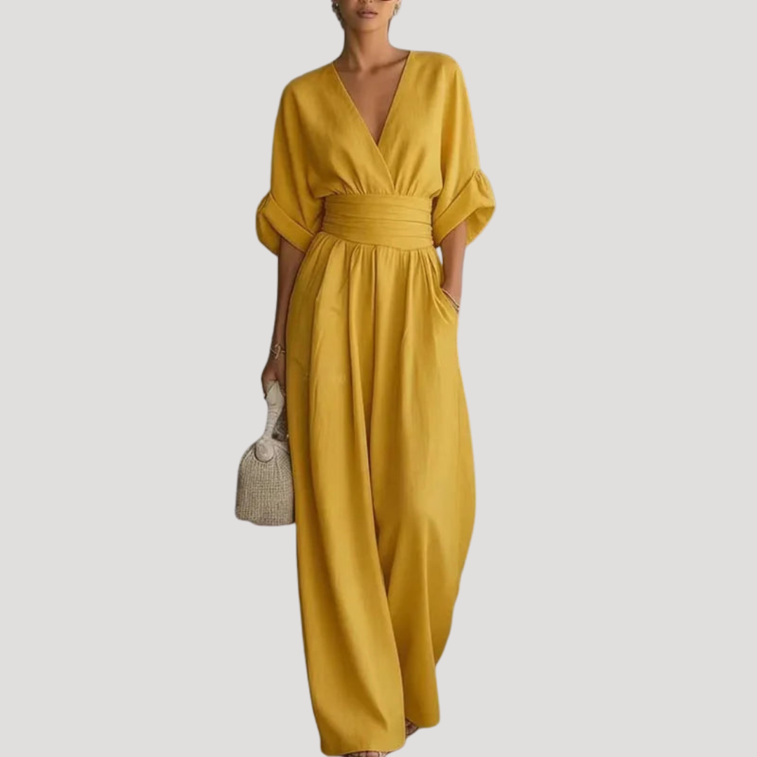 Effortless Wide Leg Jumpsuit for Women with V Neck Bell Sleeve Belted Waist Relaxed Style