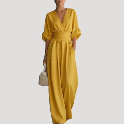 Effortless Wide Leg Jumpsuit for Women with V Neck Bell Sleeve Belted Waist Relaxed Style