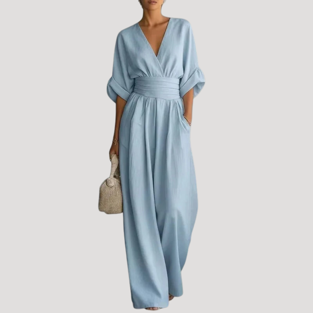 Effortless Wide Leg Jumpsuit for Women with V Neck Bell Sleeve Belted Waist Relaxed Style