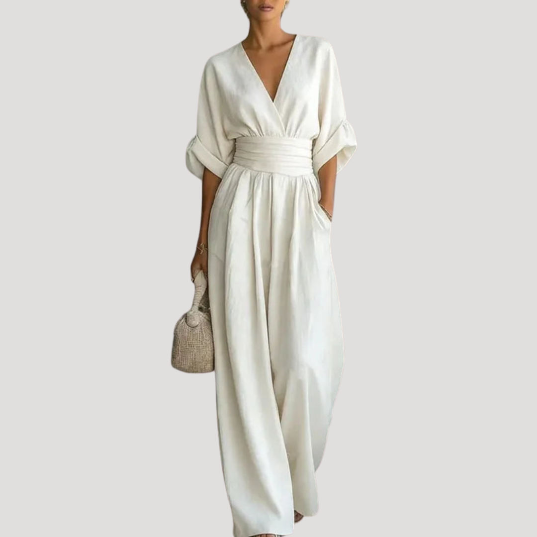 Effortless Wide Leg Jumpsuit for Women with V Neck Bell Sleeve Belted Waist Relaxed Style