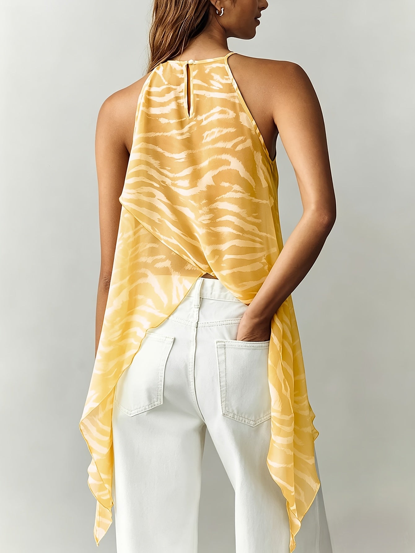 Elegant Brown Zebra Print Halter Top for Women with High Neck Sleeveless Wrap Asymmetrical Style