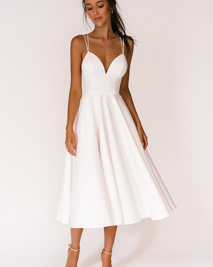 Elegant Satin Midi Dress for Women with Plunge Neck Spaghetti Strap Crisscross Back Cocktail Style