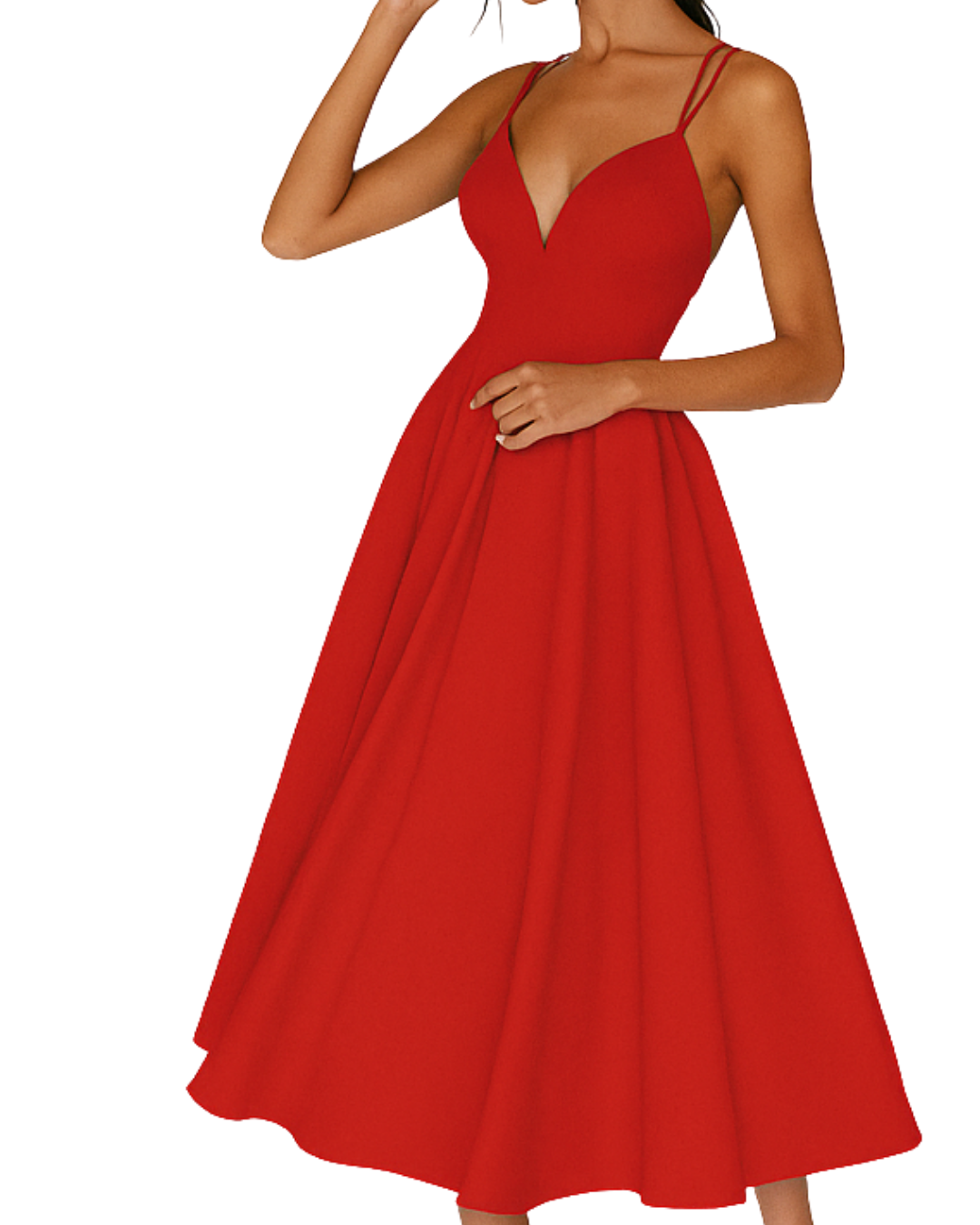 Elegant Satin Midi Dress for Women with Plunge Neck Spaghetti Strap Crisscross Back Cocktail Style