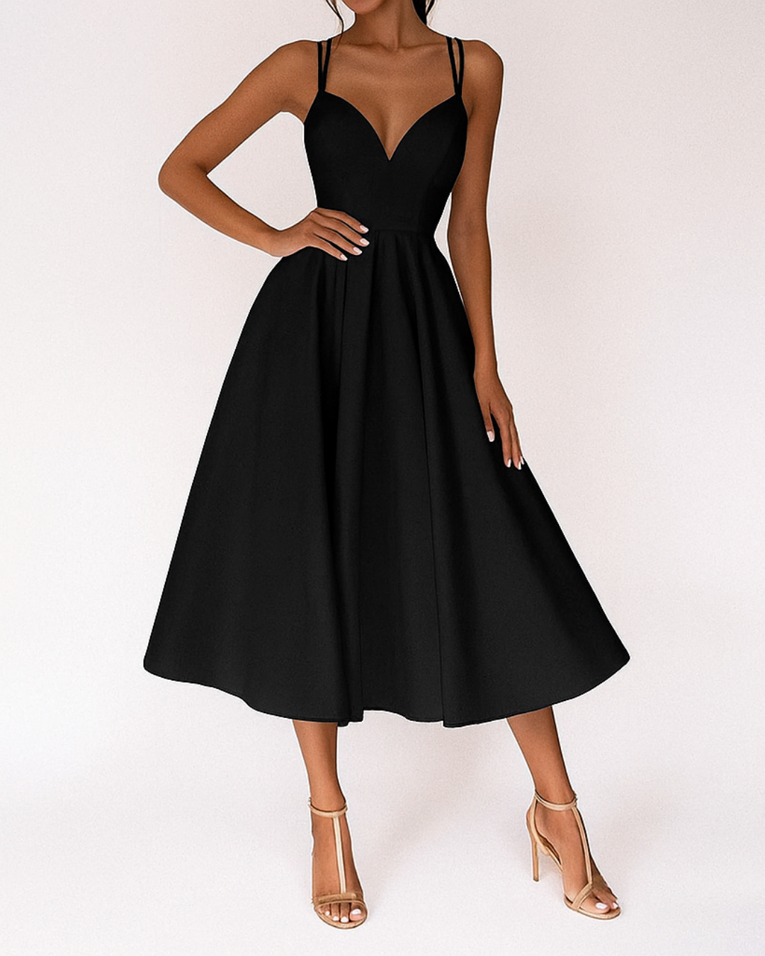 Elegant Satin Midi Dress for Women with Plunge Neck Spaghetti Strap Crisscross Back Cocktail Style