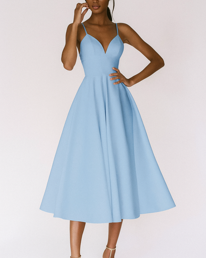 Elegant Satin Midi Dress for Women with Plunge Neck Spaghetti Strap Crisscross Back Cocktail Style