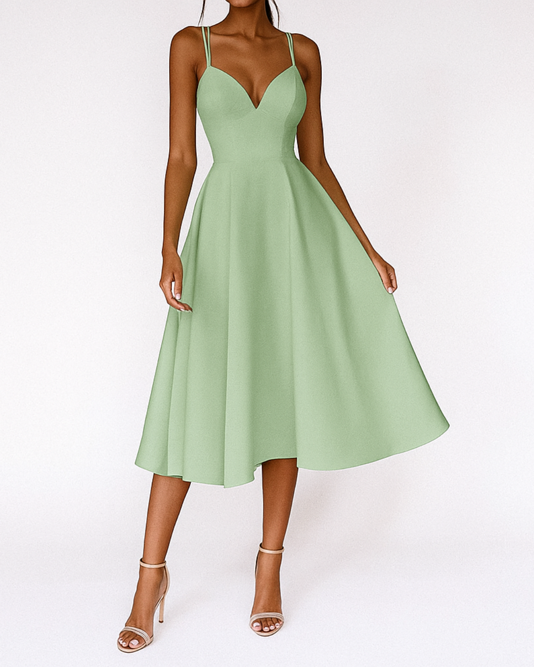 Elegant Satin Midi Dress for Women with Plunge Neck Spaghetti Strap Crisscross Back Cocktail Style