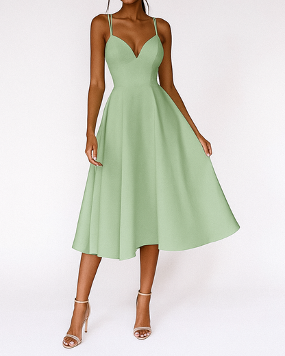 Elegant Satin Midi Dress for Women with Plunge Neck Spaghetti Strap Crisscross Back Cocktail Style