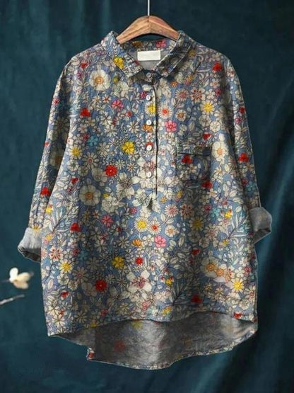 Effortless Floral Print Blouse for Women with Collar Long Sleeve Button Front Relaxed Curved Hem Style