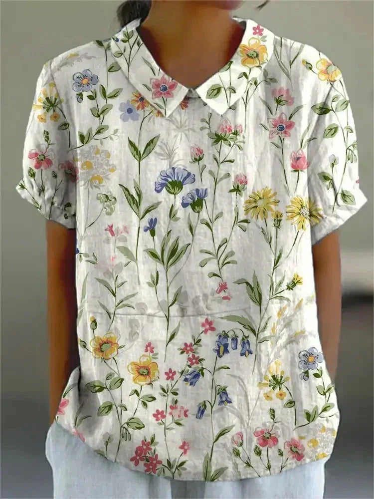 Effortless Floral Linen Blouse for Women with Collar Short Sleeve Embroidered Relaxed Casual Style