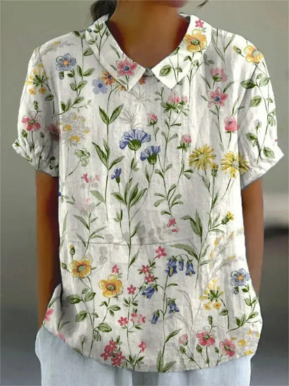 Effortless Floral Linen Blouse for Women with Collar Short Sleeve Embroidered Relaxed Casual Style