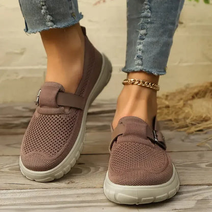 Comfortable Knit Mesh Slip On Sneaker for Women with Buckle Strap Platform Sole Casual Style