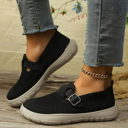 Comfortable Knit Mesh Slip On Sneaker for Women with Buckle Strap Platform Sole Casual Style