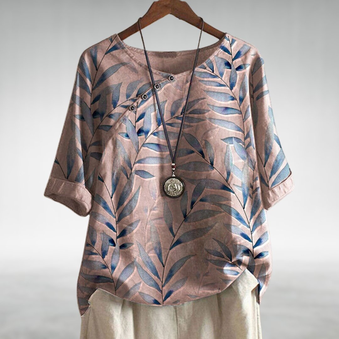 Effortless Leaf Print Linen Blouse for Women with Round Neck Elbow Sleeve Button Placket Relaxed Style