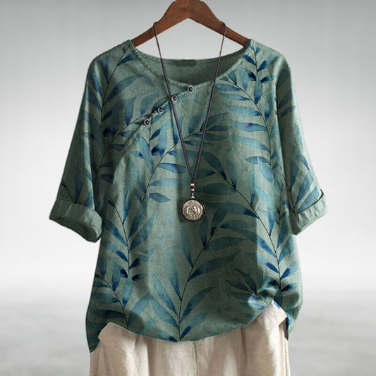 Effortless Leaf Print Linen Blouse for Women with Round Neck Elbow Sleeve Button Placket Relaxed Style
