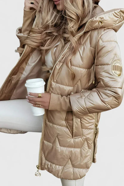 Effortless Quilted Puffer Jacket for Women with Hooded Long Sleeve Zip Front Drawstring Winter Style