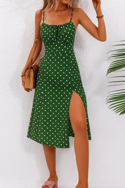 Effortless Polka Dot Midi Dress for Women with Scoop Neck Spaghetti Strap Side Slit Bohemian Style