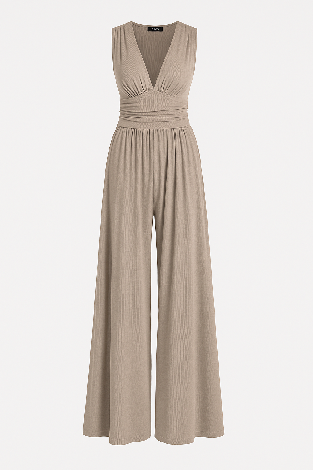 Elegant Wide Leg Jumpsuit for Women with V Neck Sleeveless Ruched Waist Flowing Style