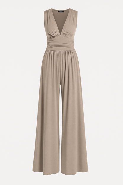 Elegant Wide Leg Jumpsuit for Women with V Neck Sleeveless Ruched Waist Flowing Style