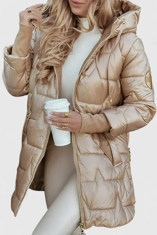 Effortless Quilted Puffer Jacket for Women with Hooded Long Sleeve Zip Front Drawstring Winter Style