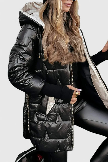 Effortless Quilted Puffer Jacket for Women with Hooded Long Sleeve Zip Front Drawstring Winter Style