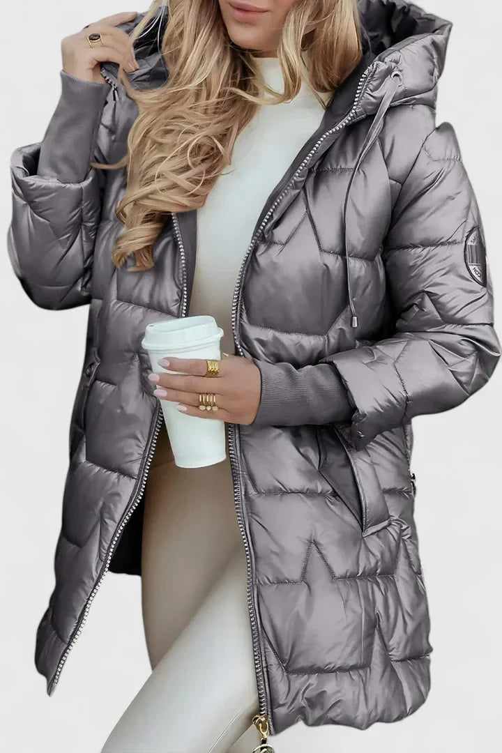 Effortless Quilted Puffer Jacket for Women with Hooded Long Sleeve Zip Front Drawstring Winter Style
