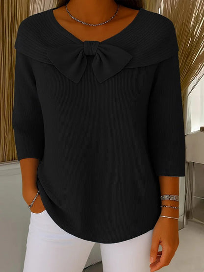 Comfortable Ribbed Knit Sweater for Women with V Neck Bow Tie Elbow Sleeve Relaxed Style