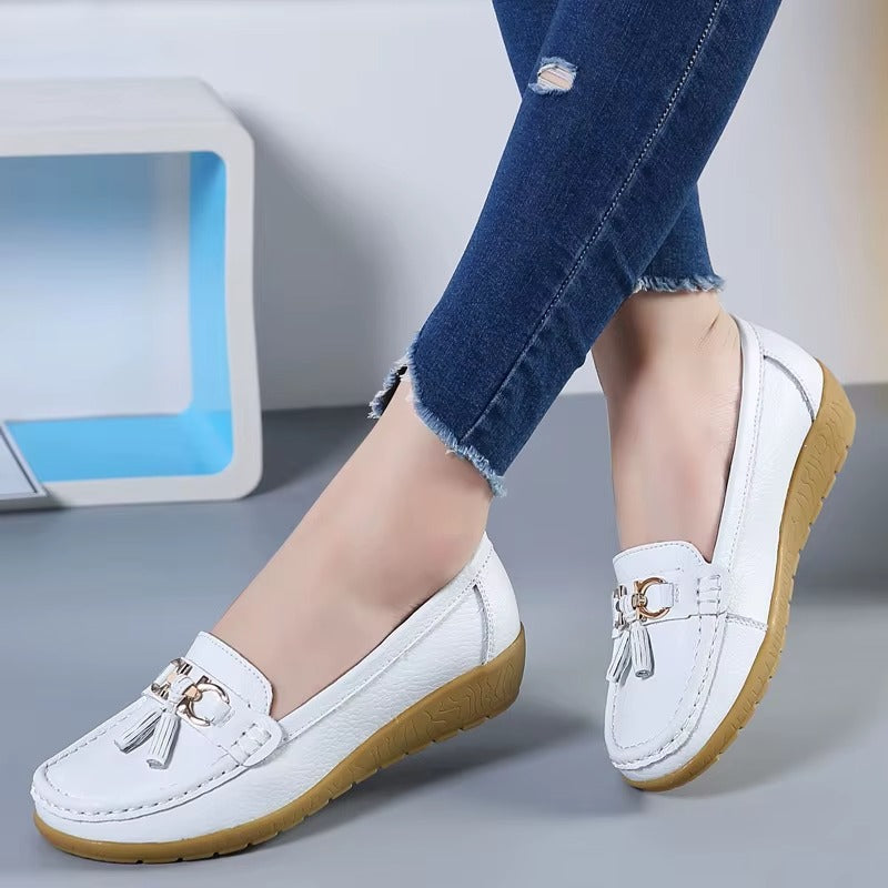 Comfortable Loafers for Women with Tassel Buckle Detail Moccasin Stitch Wedge Sole Style