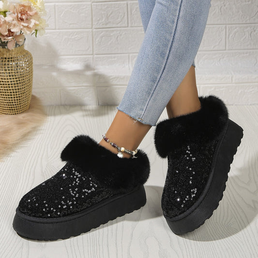 Comfortable Slippers for Women with Sequin Sparkle Upper Faux Fur Lining Platform Slip On Style
