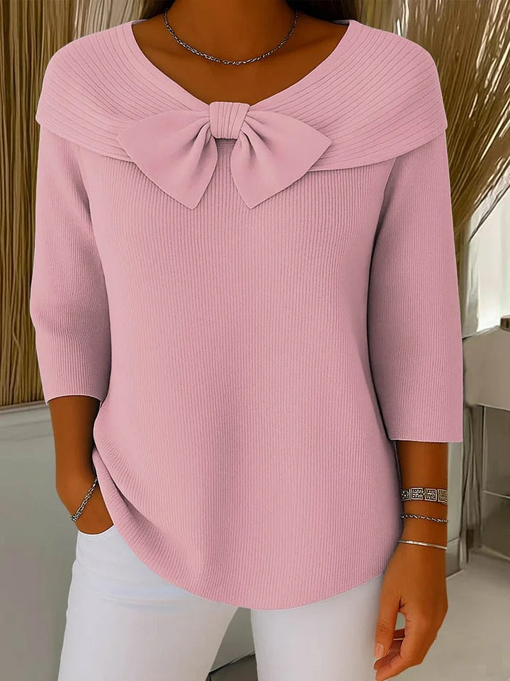 Elegant Bow Detail Sweater for Women with V Neck Elbow Sleeve Ribbed Knit Relaxed Style
