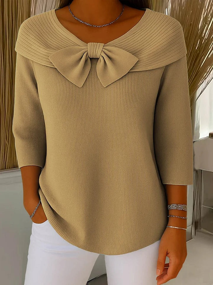 Comfortable Ribbed Knit Sweater for Women with V Neck Bow Tie Elbow Sleeve Relaxed Style