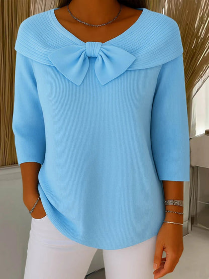 Comfortable Ribbed Knit Sweater for Women with V Neck Bow Tie Elbow Sleeve Relaxed Style