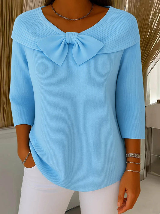 Comfortable Ribbed Knit Sweater for Women with V Neck Bow Tie Elbow Sleeve Relaxed Style