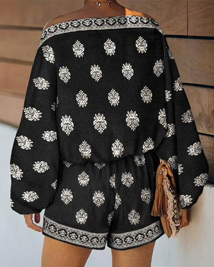 Effortless Boho Embroidered Two Piece Set for Women with Off Shoulder Batwing Sleeve Relaxed Casual Style