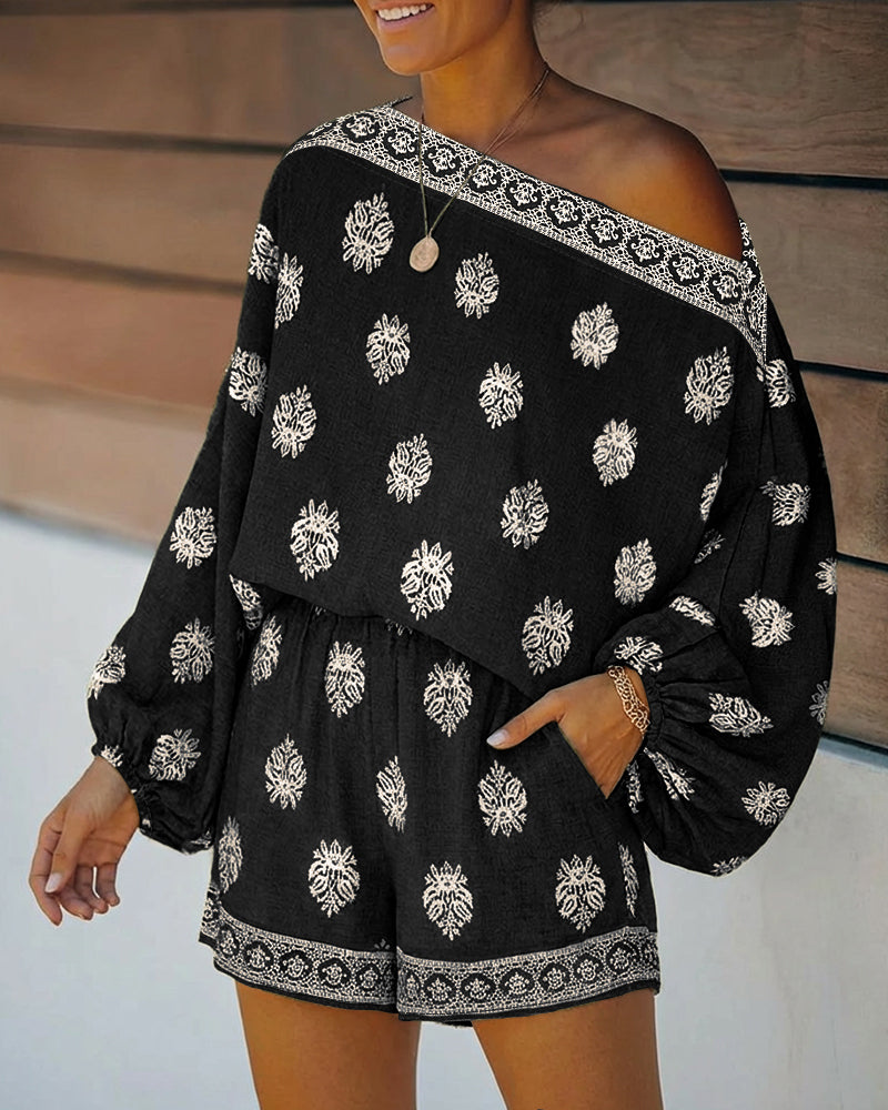 Effortless Boho Embroidered Two Piece Set for Women with Off Shoulder Batwing Sleeve Relaxed Casual Style