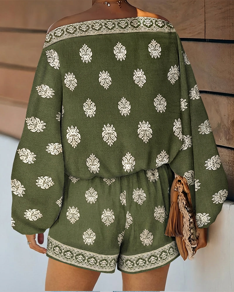 Effortless Boho Embroidered Two Piece Set for Women with Off Shoulder Batwing Sleeve Relaxed Casual Style