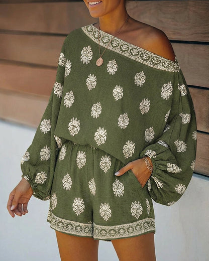 Effortless Boho Embroidered Two Piece Set for Women with Off Shoulder Batwing Sleeve Relaxed Casual Style