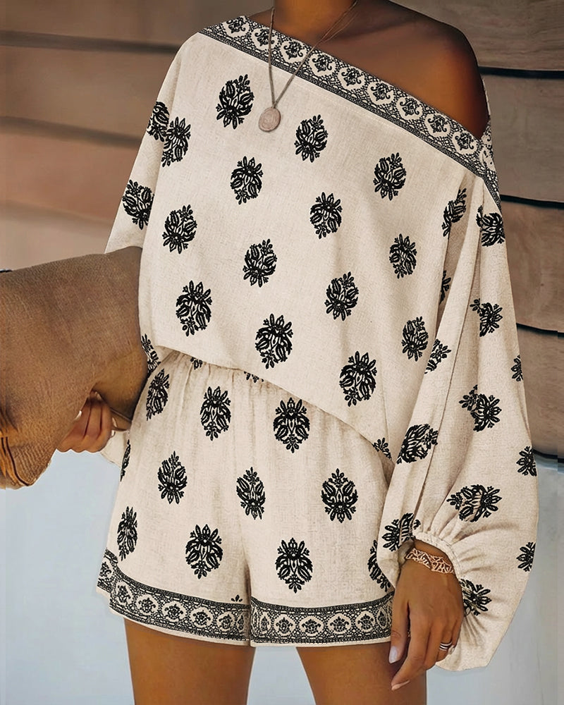 Effortless Boho Embroidered Two Piece Set for Women with Off Shoulder Batwing Sleeve Relaxed Casual Style