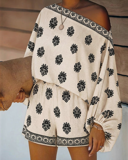 Effortless Boho Embroidered Two Piece Set for Women with Off Shoulder Batwing Sleeve Relaxed Casual Style